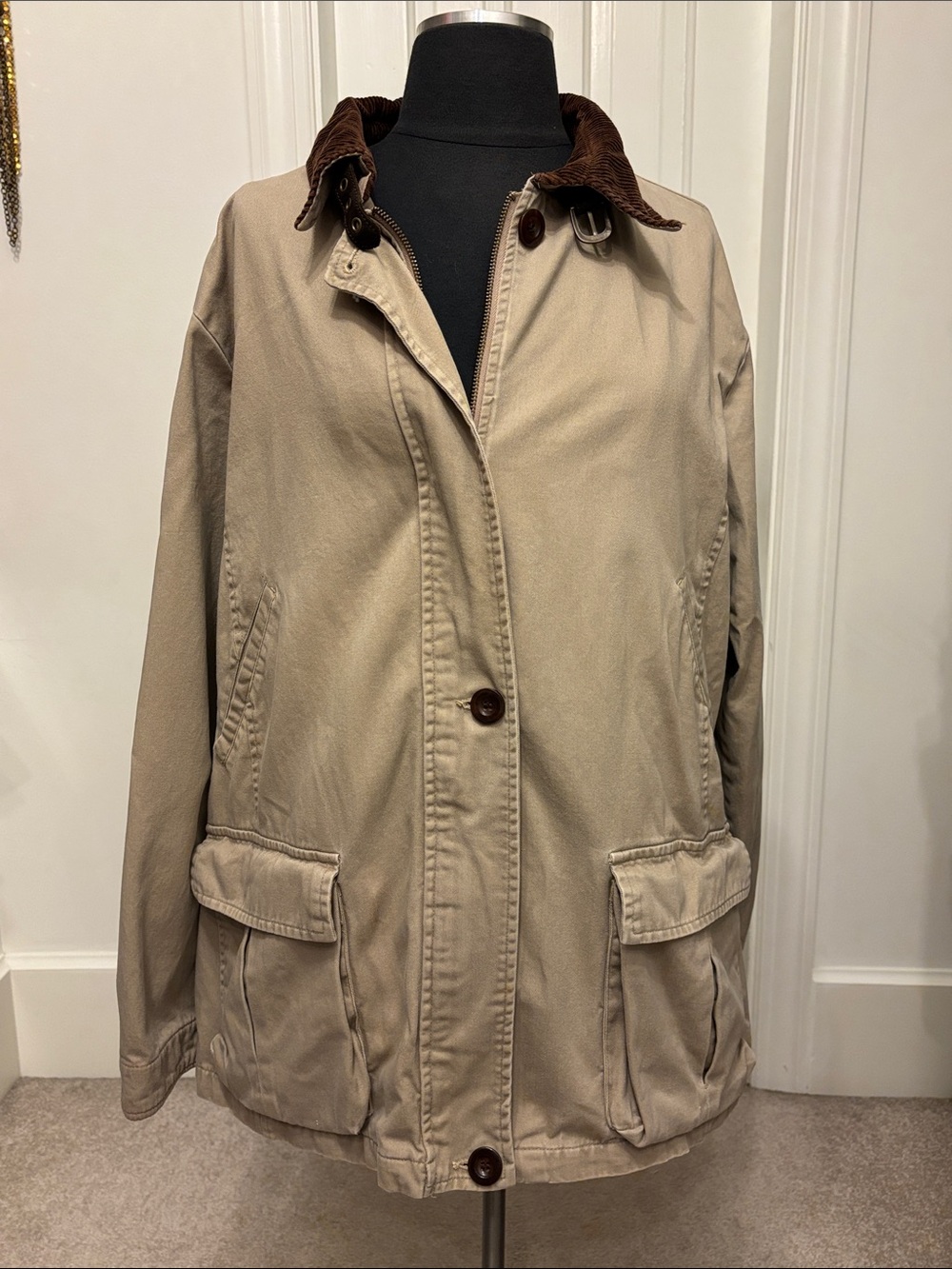 Women's Chore Coat Barn Jacket Khaki Beige Utility Jacket with Corduroy Collar